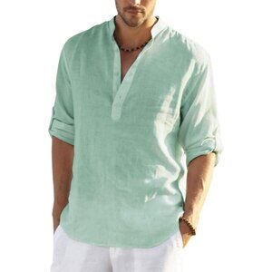 Men's Green Cotton Linen Henley T-shirt Long Sleeve Casual Beach Button